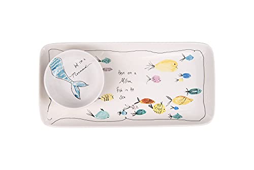 Creative Co-Op Coastal Stoneware Serving Platter and Dip Dish with Mermaid and Sea Life Illustrations, Multicolor - size: 11-3/4"L x 5-3/4"W