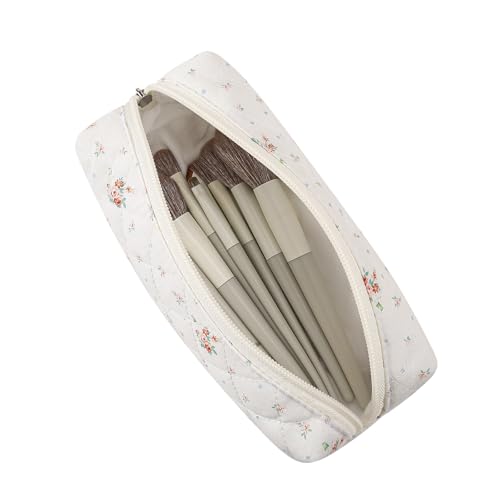 Cute Floral Cotton Makeup Brush Cosmetic Bag for Women, Travel Quilted Zipper Make Up Bag, Flowers Toiletry Organizer Case Kawaii Makeup Cosmetic Travel Cloth Pouch (White Small Flower) - color: 11 White Small Flower
