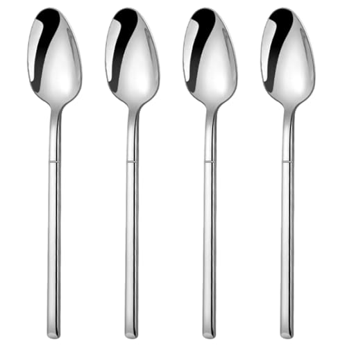 MIUPOO Stainless Steel Dinner Spoons Set,Long Handle Table Soup Spoon Set,Asian Korean Spoons with Long Handles,Thick Heavy Weight Silverware,8.5Inches,4 Pieces,Silver