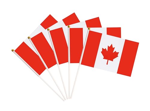 50 Pack Canada Canadian Flags - Small Mini Hand Held on Stick, Miniature National Country Flags for Party Decorations, Parades, International Festival Supplies - color: Canada