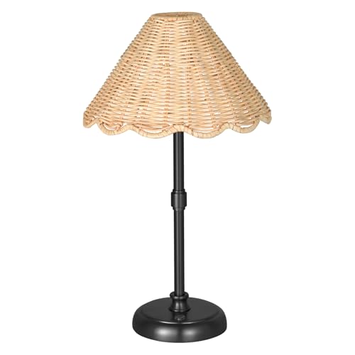 Cordless Boho Rattan Table Lamp Black, 5200-mAh Rechargeable Battery, 3-Level Brightness Dimmable, Build-in Integrated LED 320 Lumen Max, Rattan Shade, for Bedside Restaurant Dining Table - color: 16'' Tall Black