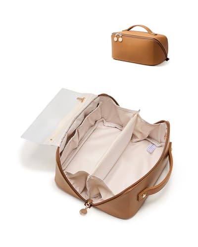 EACHY Travel Makeup Bag for Women, PU Leather Cosmetic Bag, Brown, Medium - color: F - Brown, size: Medium