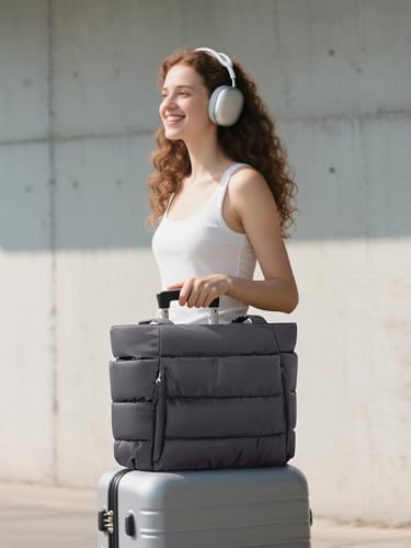 Bagstellar Puffer Tote Bag for Women, Lightweight Puffy Travel Gym Work Bag - color: Charcoal Grey