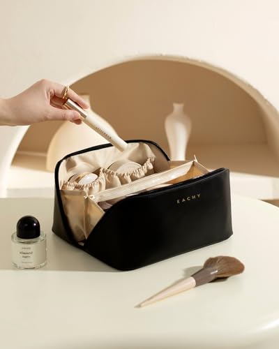 EACHY Travel Makeup Bag for Women, PU Leather Cosmetic Bag, Black, Medium - color: A - Black, size: Medium