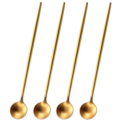 DEHOV Satin Gold 9 Inches Latte Spoon,4 Pieces Stainless Steel 18/10 Iced Tea Spoons Set,Solid Round Handle Coffee Stirring Spoon,Durable Dishwasher Safe Long Handle Sundae Ice Cream Spoons - color: Gold, size: 9 Inch