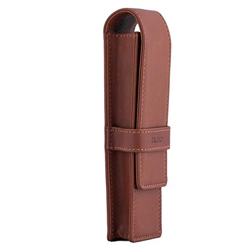 DiLoro Leather Double Pen Case Pencil Pouch Holder for Two Fountain Pens Ballpoint Rollerball and Pencils (Bugatti Tan) - color: Bugatti Tan