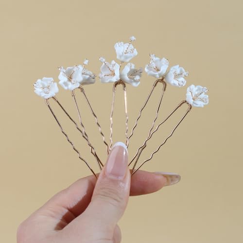 Handmade Pearl Bridal Wedding Hair Pins 6Pcs White Ceramic Flowers Gold Leaf Pearls Clips Wedding Hair Accessories for Women Brides Bridesmaid (Set-D-Gold) - color: Set-D-Gold