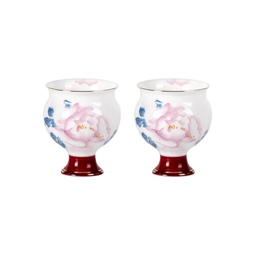 KAMMAK Red Makeup and Youth - Big-bellied, high-footed Cup,Tea Cup 3.2oz Small Tea Cups Set of 2, Red Porcelain Tea Cup Set,Asian Ceramic Teacups for Home, Party, Office - style: 711N Belly