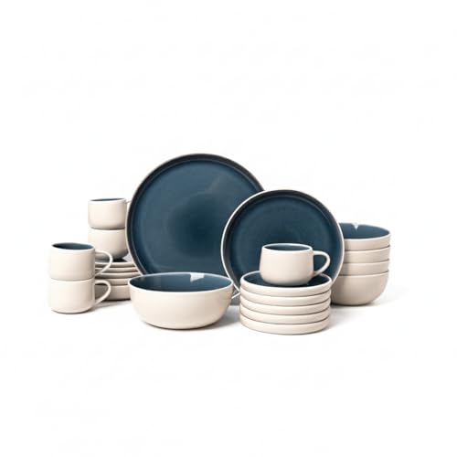 20-Piece Ceramic Dinnerware Set, Service for 4 – Ocean Blue Interior and Sand White Exterior, Color Reveal Plates Bowls and Mugs, Microwave Dishwasher Oven Safe - Bellagio