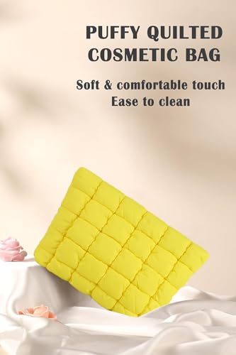 Puffy Quilted Makeup Bag, Cosmetic Bag, Travel Toiletry Organizer Pouch, Clutch for Women (Yellow) - color: Yellow