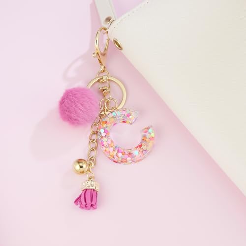 Resin Alphabet Initial Letter Keychain Keyring for Women Purse Handbags With Fur Ball Pom - color: Deep Pink Fur Ball Letter C