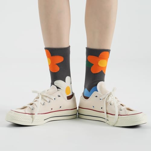 Womens Cotton Crew & Ankle Socks, Cute Floral Ruffle Colorful Tube Size 6-9 - color: Floral E
