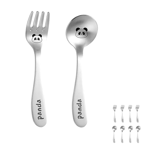 Stainless Steel Dessert Spoon and Fork Set - 2pcs Mini Utensils for Espresso, Ice Cream, Dessert, and More Available in Dinosaurs, Pandas, Rabbits, Cats, and Pigs (Pandas) - color: Pandas