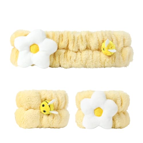 PERFECTSIGHT Kawaii Headband for Spa, Makeup, Washing Face, Party - 2 Pack Cute Hair Band for Shower Beauty Skincare, Soft Facial Headbands for Girls and Women (Yellow Flower Bee) - color: Yellow Flower Bee
