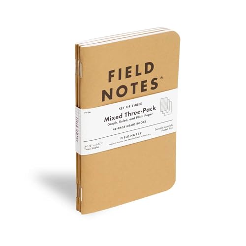 Field Notes: Original Kraft 3-Pack - Mixed Paper (1 Graph/Grid, 1 Ruled/Lined, 1 Plain/Blank) Memo Books - 48 Page Pocket Notebooks - 3.5" x 5.5" - color: Mixed Paper