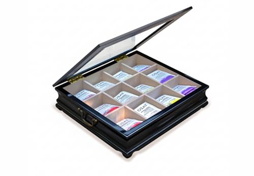 Tea Chest 12 Compartments Tea Bag Large Storage Box with Beveled Glass Lid