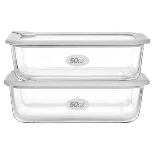Glass Food Containers with Glass Lid, Microwave Safe Food Storage Container Set, 2 Pack of 50oz, Large Size Airtight Storage Set with Leak Proof Lids, Meal Prep Containers - color: Grey-J2RS