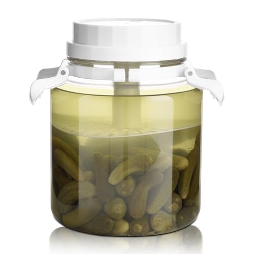 1.3 Gallon Plastic Fermentation Jars - Kimchi Fermenting Container with Auto Weight Press Plate & One Way Exhaust Valve, Wide Mouth Sauerkraut Fermenter Making Set for Pickling Canning Sauce