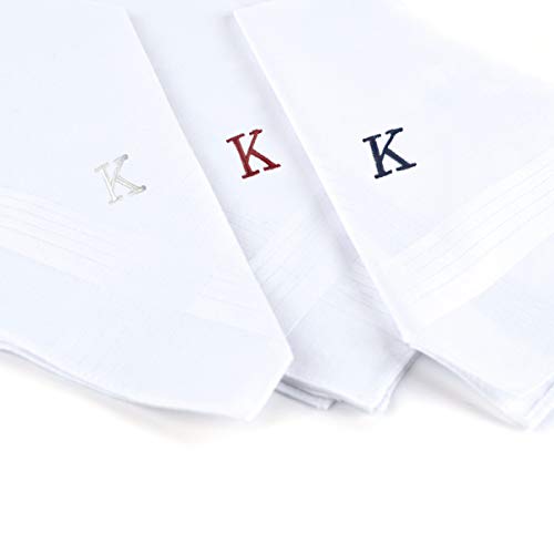 Initial Handkerchief for Men, Monogrammed Boxed 3 Piece Set,100% Cotton - color: K Initial