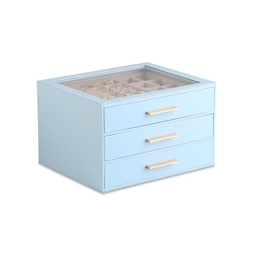 Frebeauty Jewelry Box for Women,Clear Lid Jewelry Organizer with 3 Drawers - color: Sky Blue, size: 3 Drawer