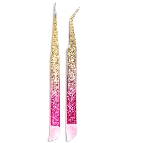 Ouligay 2Pcs Double Ended Nail Art Tweezers Stainless Steel Tweezer Straight Curved Tip Tweezers with Silicone Pressing Head for Nail Crafts Rhinestone Stickers Jewel Gem Picker Tool