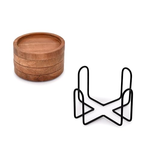 EDHAS Acacia Wood Round Coasters Set of 4 with Iron Holder for Drinks, Tabletop Protection for Any Table Type for Bar Kitchen Home Apartment (4 x 4 x 0.5)