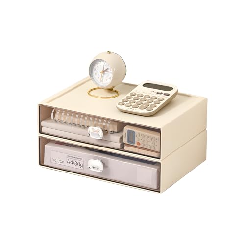 Desktop Storage Drawers, Plastic Countertop Printer Paper Organizer - color: 2 Large Drawers, Cream