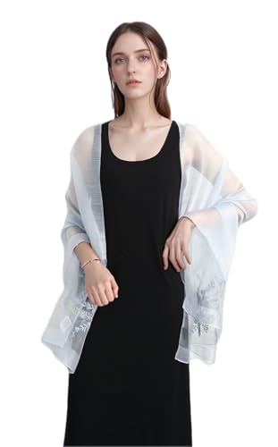 Jeelow Long Silk Blend Embroidered Floral Shawl Scarf Wrap for Women - color: Sky Blue Flowers