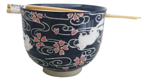 Ebros Gift Artistic Donburi Ramen Udon Noodles Soup Salad 5" D 18Oz Bowl With Bamboo Chopsticks And Built In Rest Set Asian Dining Kitchen Accent (White Rabbit With Sakura Cherry Blossoms) - color: White Rabbit With Sakura Cherry Blossoms