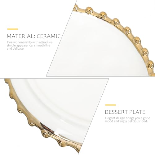 Ceramic Round Breakfast Plate with Gold Rim Nordic Style Snack Dish 5.70X5.70X0.59In Elegant White and Gold Food Plate for Family Dining and Serving Fruits Snacks
