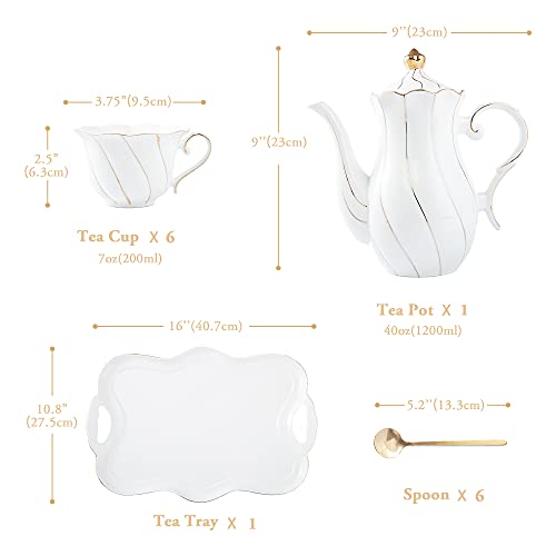 DUJUST 14 pcs Tea Set for 6 with Tea Tray & Spoons, Luxury British Style Coffee Cup Set with Golden Trim, Beautiful Porcelain Set for Living Room Decor, Tea Party Set, Gift Package - White - color: 14pcs tea set