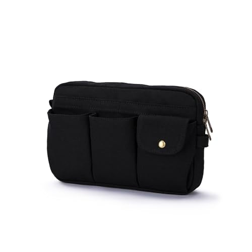 Pencil Holder Storage Bag for Women Large Capacity Zippered Pencil Case with Multiple Pockets Canvas Stationery Organizer for Office Travel & Daily Use - color: Black/Canvas