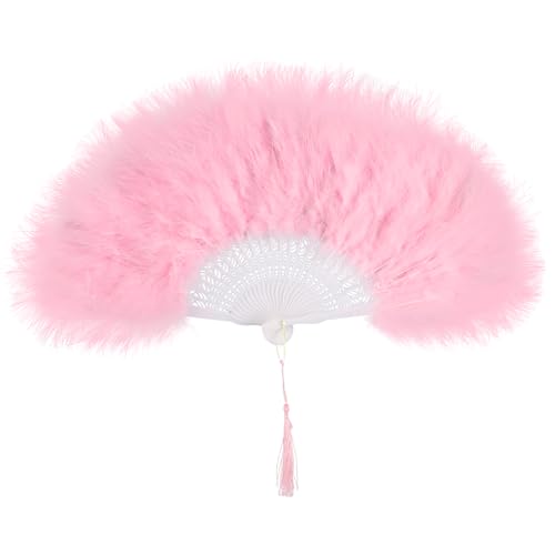 whitefeather Vintage Feather Hand Fan, 17.7 x 11.8 inches, Marabou Feathers, 1920s Style for Costume Parties, Tea Parties - color: Pink