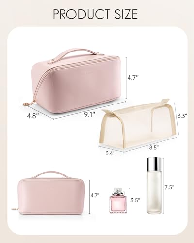VLANDO Makeup Bag for Women with Open Flat Layout,Zipped TPU Pocket,Pink - color: 04.Pink