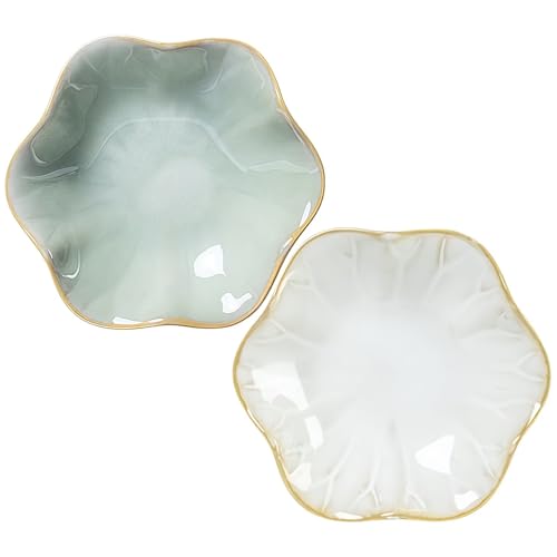 2Pcs Ceramic Jewelry Dish - Lotus Leaf Shape, for Ring Holder Necklace Small Key, Suitable for Mother Friend Sister, Gifts for Women, Cute Plate Trinket Tray, Home Decor (Green & White) - color: Green & White