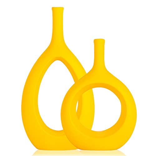 Yellow Ceramic Hollow Elliptical Vase Set of 2 - Boho Circle Vase with Hole, for Modern Yellow Table Decor, Living Room Decor Shelf mid Century Modern Home Entrance Decorative vase - color: Yellow