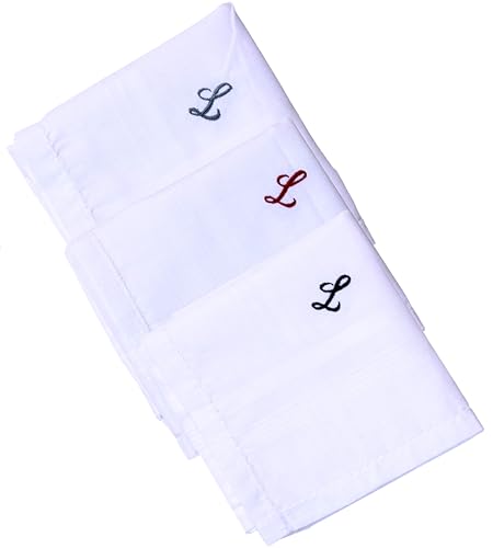 Monogrammed Handkerchiefs for Men 3-Pack Cotton, White Hankies - color: L
