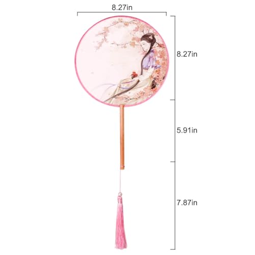 BAOZOON 2 Pcs Silky Translucent Ancient Round Fan Classic Silk Hand Held Fan Floral Pattern Palace Paddle Dance Fan with Tassel Wooden Handle Wedding Favor Gift Home Decor(Color#8) - color: Color#8
