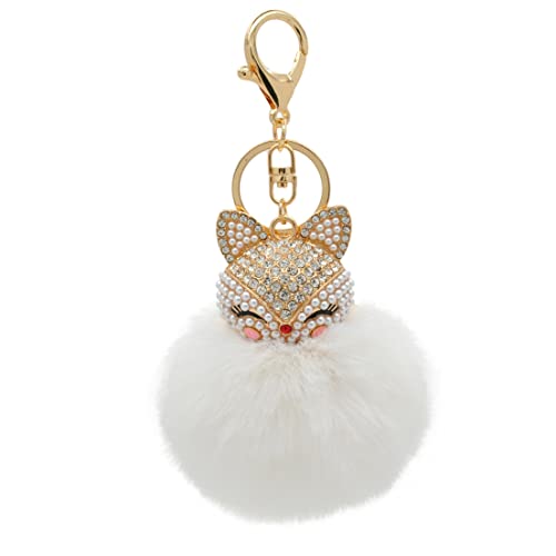 Faux Rabbit Fur Pom Pom Keychain with Fox Head - color: White