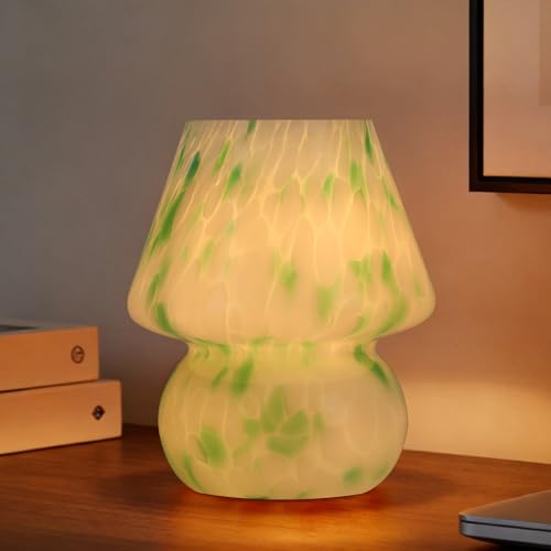 Mushroom Lamp with LED Bulb, Small Glass Bedside Lamp, Green&White - color: Green&White