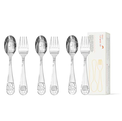 KINGSTONE 6 Pcs Large Kids Utensils, 18/10 Stainless Steel, Honey Bear - color: Honey Bear, size: 6-Piece (Large)