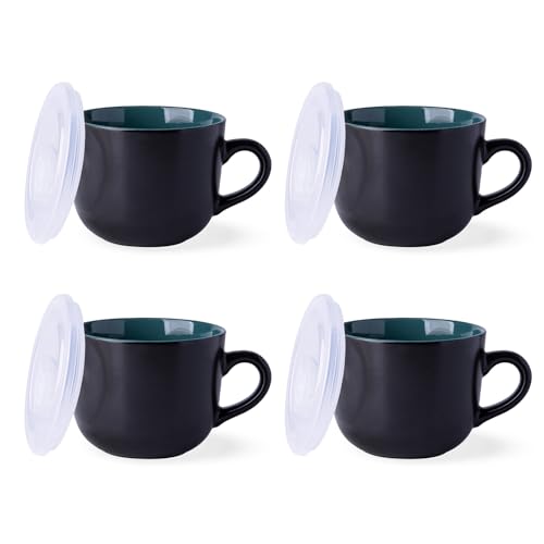 GBhome Ceramic Soup Mugs with Lid, 24 oz Soup Cups with Hanlde for Coffee,Cereal,Salad,Noodles,Tea,Soup Bowls Cups,Microwave &Dishwasher Safe, Set of 4, Green with Vented lid - color: Green