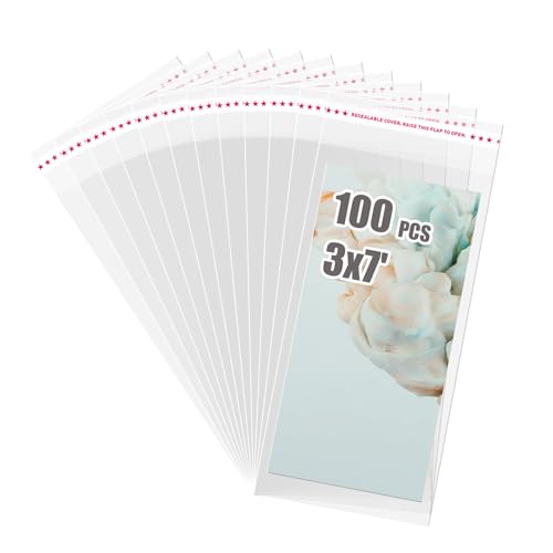 Egofine Self Sealing Cellophane Bags 100 PCS,3x7 Inches Clear Resealable Cellophane Bags, Adhesive for Small Candy Treats Packaging - color: 3"x7"Pack of 100