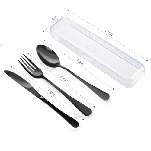 4PCS Premium Travel Utensils With Case, Stainless Steel Reusable Portable Utensils Set With Case, Lengnoyp Travel Silverware Set With Case for Lunch Box Includ Fork Spoon Knife Set, Black - color: 4 PCS Black