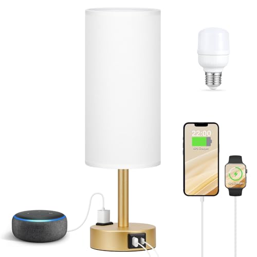 Fenmzee Gold Bedside Lamp for Bedroom, Dimmable Touch, USB A+C, AC Outlet - color: White - Gold, size: 14"