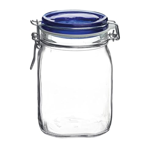 Bormioli Rocco Fido Glass Jar, Blue Lid - Serving & Entertaining Container - 33.75 oz Airtight Clamp Canister for Appetizers, Desserts, Snacks & Gifting - Italian Glass, Dishwasher Safe - color: Clear, size: 33.75 fl oz