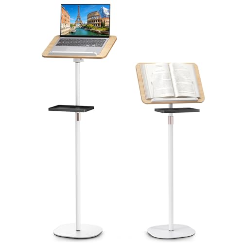 2 in 1 Adjustable Floor Book Stand & Music Stand with Removable Tray, 19.7" to 51.2" Foldable Reading Book Holder with Page Clips for Laptop, Cookbooks, Sheet Music, Wooden Podium Stand for Projector - color: White