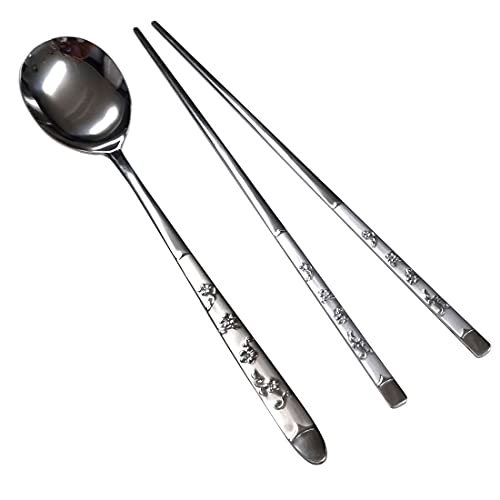 GARASANI Korean Traditional Cutlery Stainless Steel Spoons and Chopsticks Set (Silver Petal) - color: Silver Petal