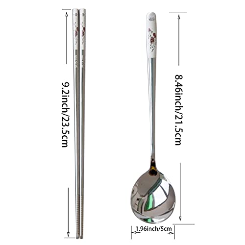 Reusable Chopstick and Spoon Set, Korean Long Handle Stainless Steel Spoon and Chopsticks Set, Dishwasher Safe Metal Chop sticks, Set of 3. (Multi-patterned)