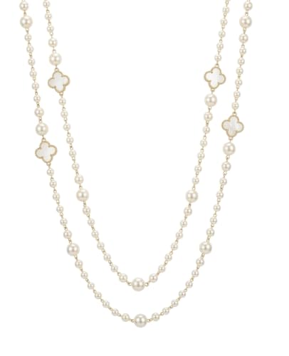 Long Pearl Necklace for Women Layered Lucky Clover Jewelry Gift - color: White Clover